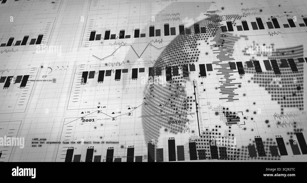 Rendering dot-matrix globe highlighting charts on analytics interface ...