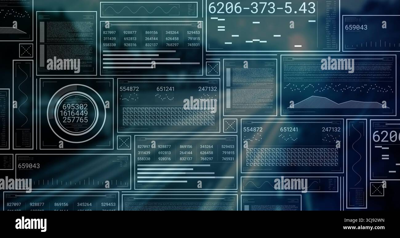 Displaying digital dashboard floating over blue backdrop, with data panels showing graphs and code Stock Photo