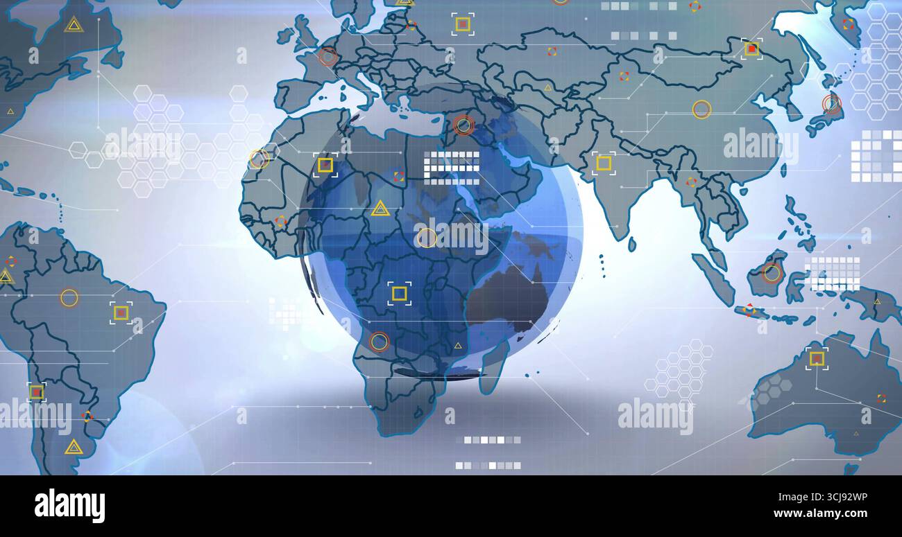 Presenting 3D globe highlighting Africa on digital interface, with hex grids and circles Stock Photo