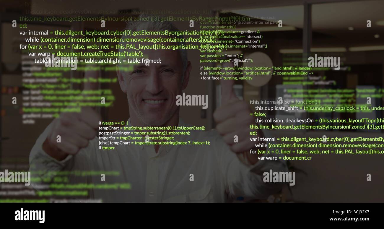 Standing mature developer smiling and holding thumbs up in office, overlaying HTML JavaScript code Stock Photo
