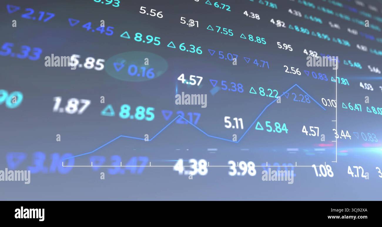 Displaying blue line chart on grid and floating values on screen, arrows marking highlighted point Stock Photo