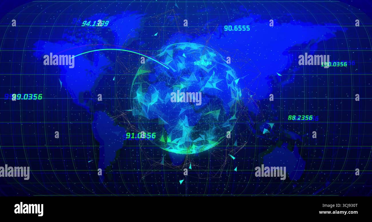 Visualizing polygonal globe streaming network lines in grid, with curved arcs, numeric labels Stock Photo