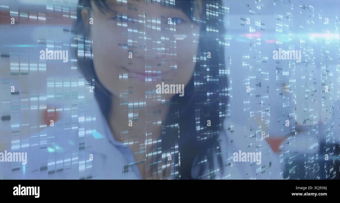 Female scientist studying translucent digital data overlay in research lab, wearing lab coat Stock Photo