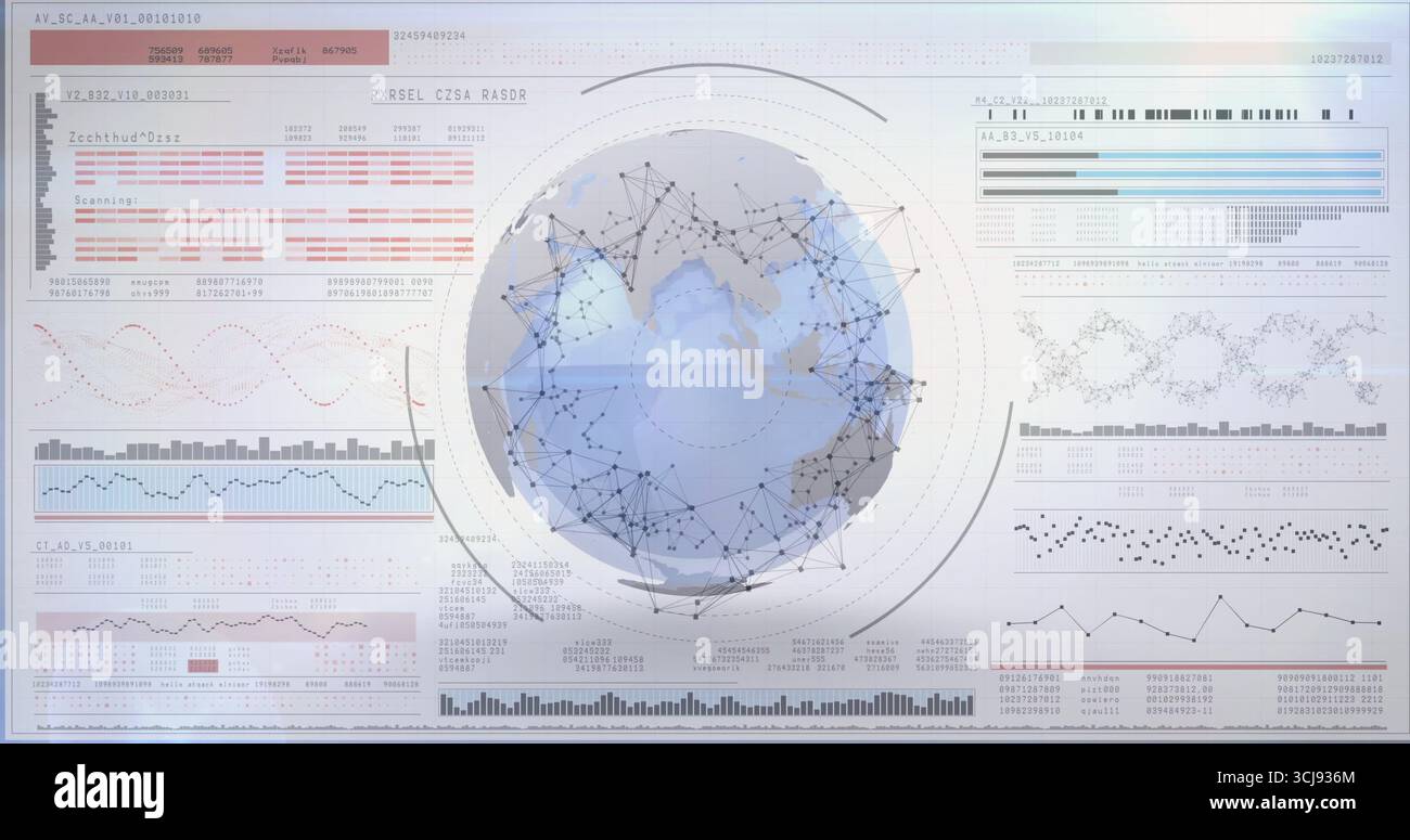 Displaying central Earth globe on virtual console, with nodes, connecting lines and data panels Stock Photo
