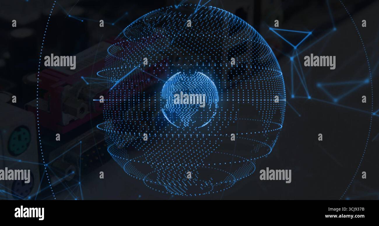 Floating holographic globe displaying digital network nodes in tech lab, with wireframe connections Stock Photo