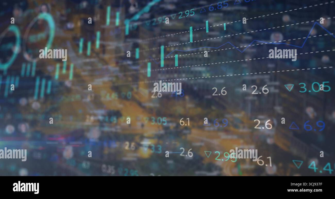 Displaying financial graphics over urban night intersection with numeric overlays, candlestick bars Stock Photo