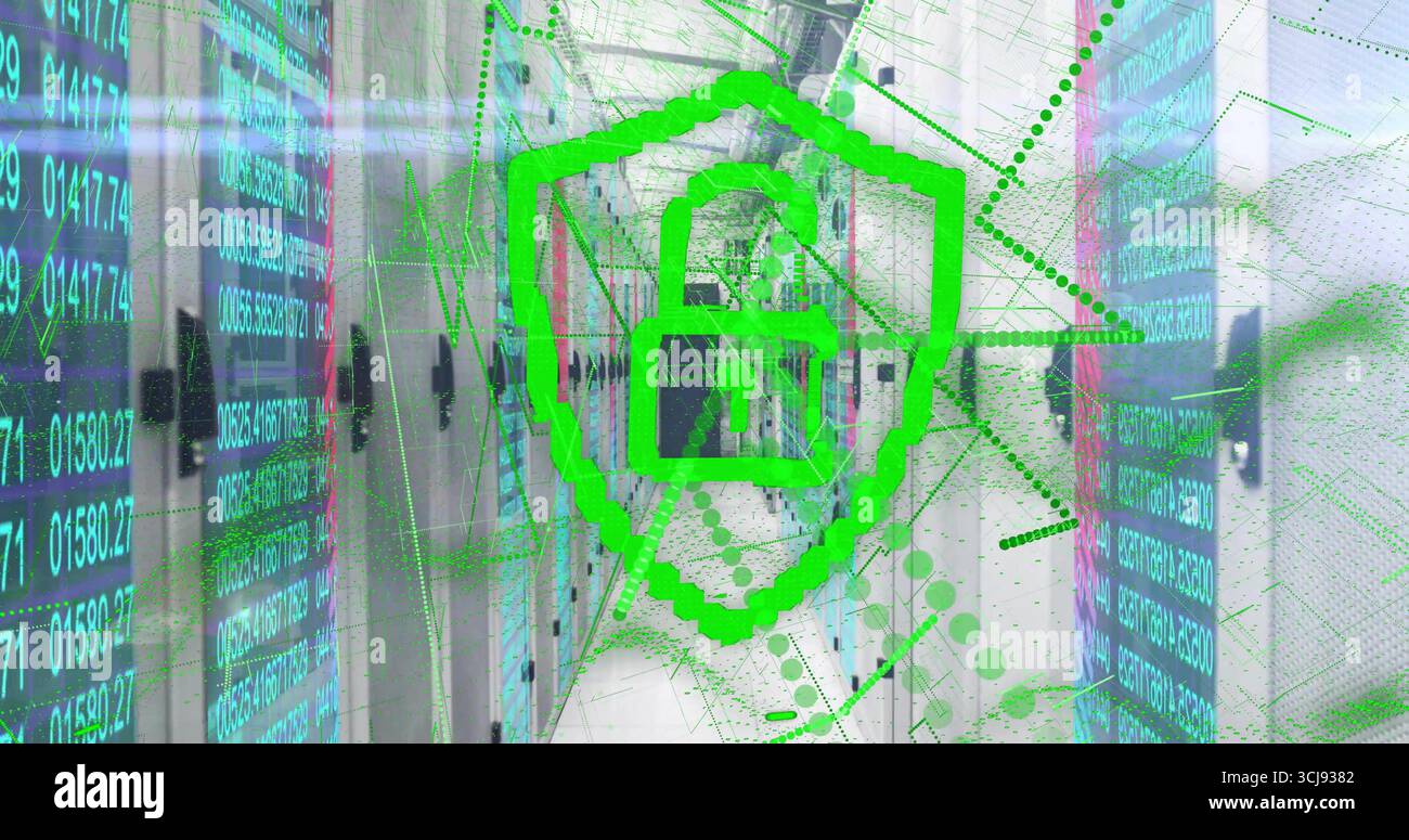 Hovering shield with unlocked padlock highlighting server racks in server room, with data streams Stock Photo