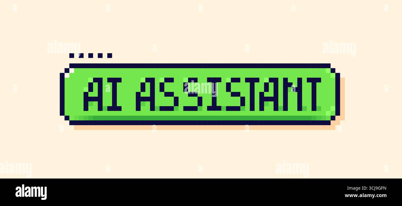 Green speech bubble with text AI assistant. Pixel Y2K user interface button.  Stock Vector
