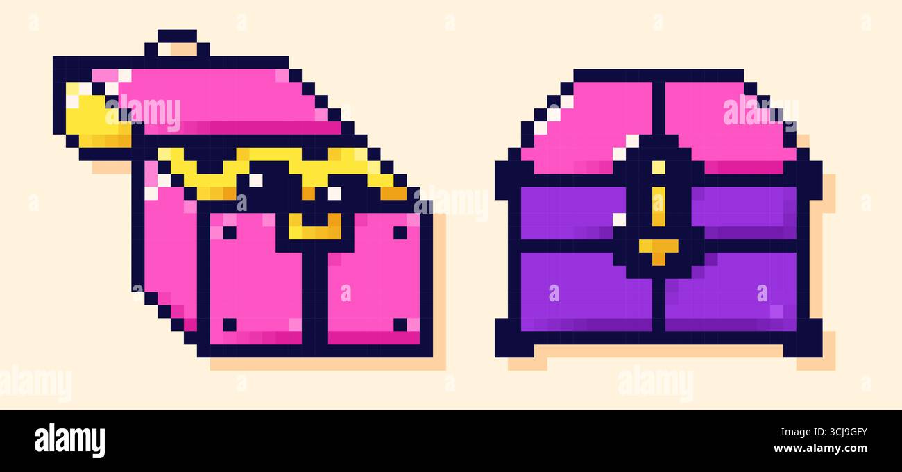Pixel art game color treasure chest.  Stock Vector