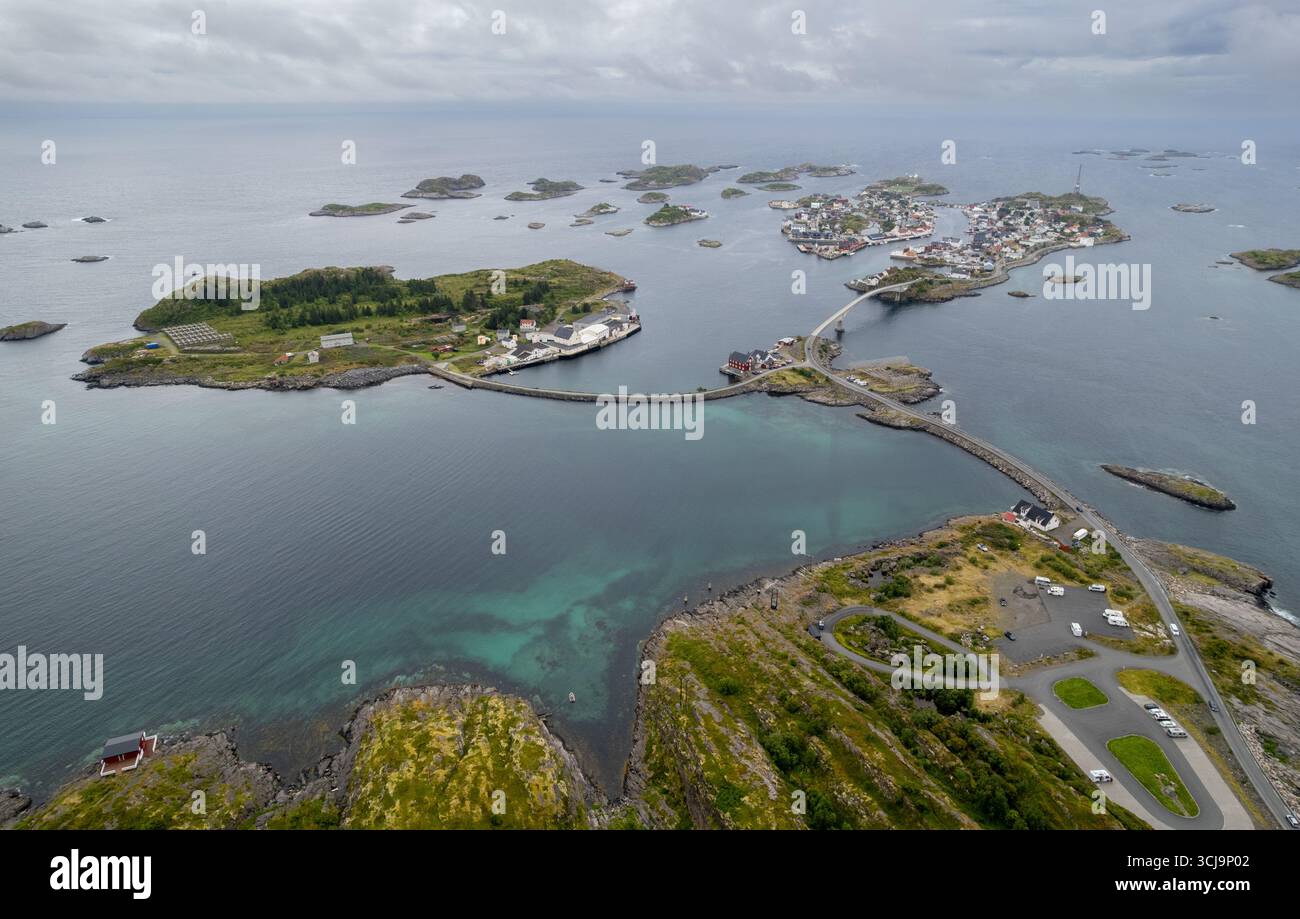 Drone aerial of coastal fishing village henningsvaer with islands and bridge connecting fjords. Lofoten Islands, Norway Stock Photo