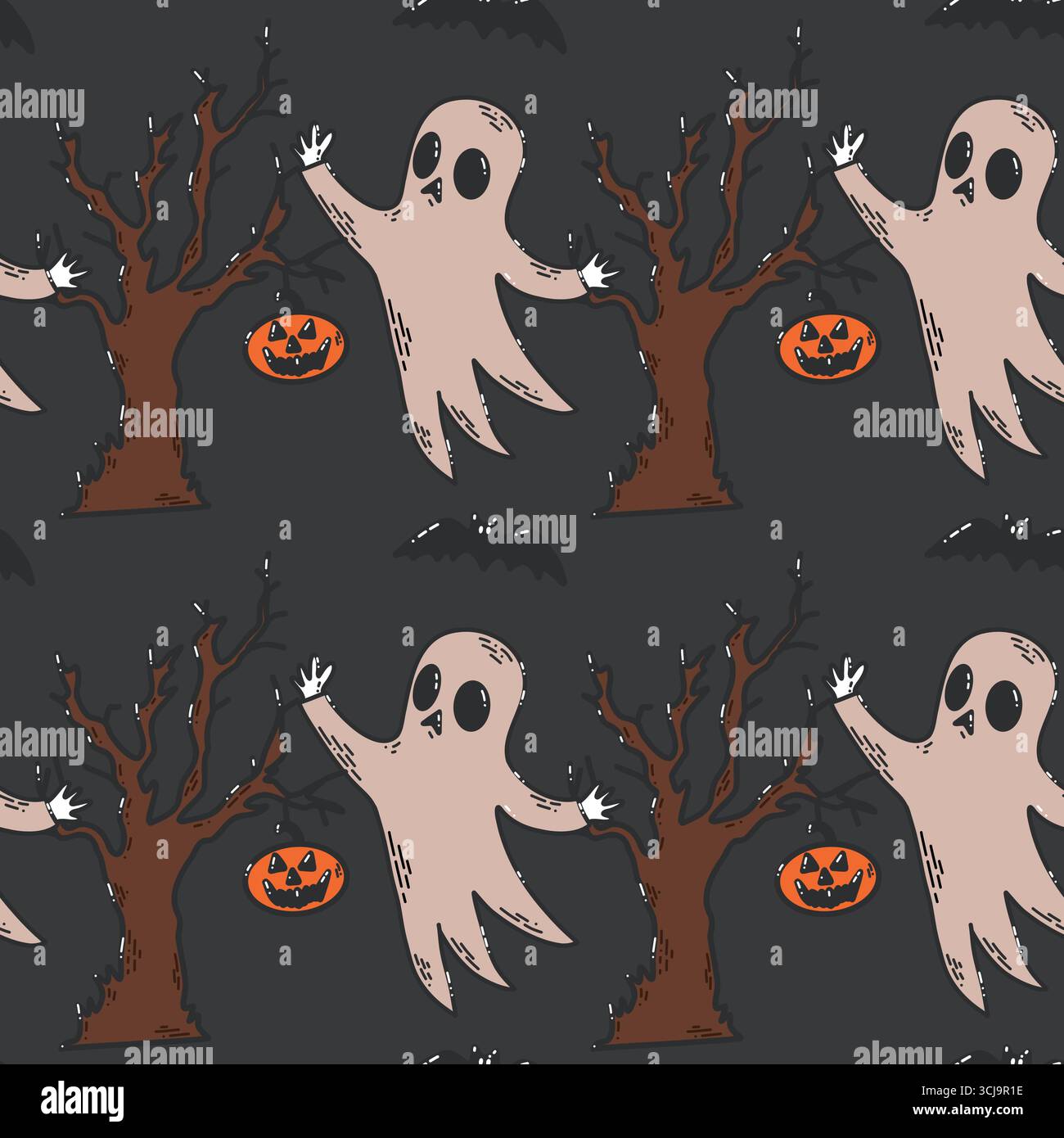 Seamless Halloween Pattern Featuring Spooky Ghosts, Pumpkins, Trees, and Flying Bats Stock Vector