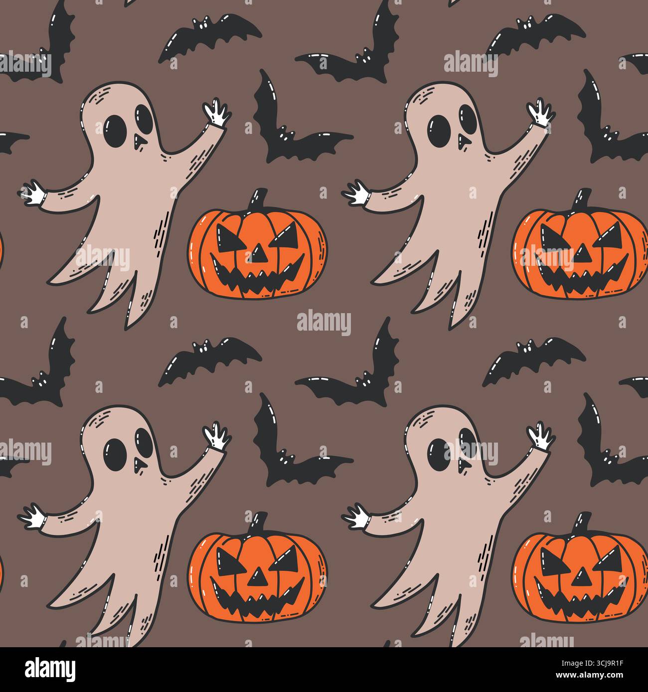 Seamless Halloween Pattern Featuring Ghosts, Pumpkins, and Flying Bats on Brown Background Stock Vector