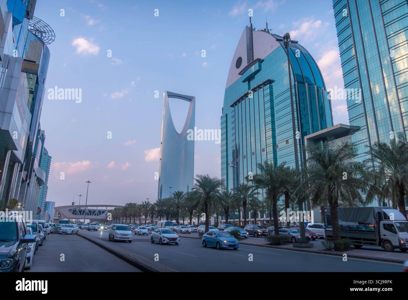 City street panorama, Riyadh, Saudi Arabia, with Kingdom Centre Tower ...