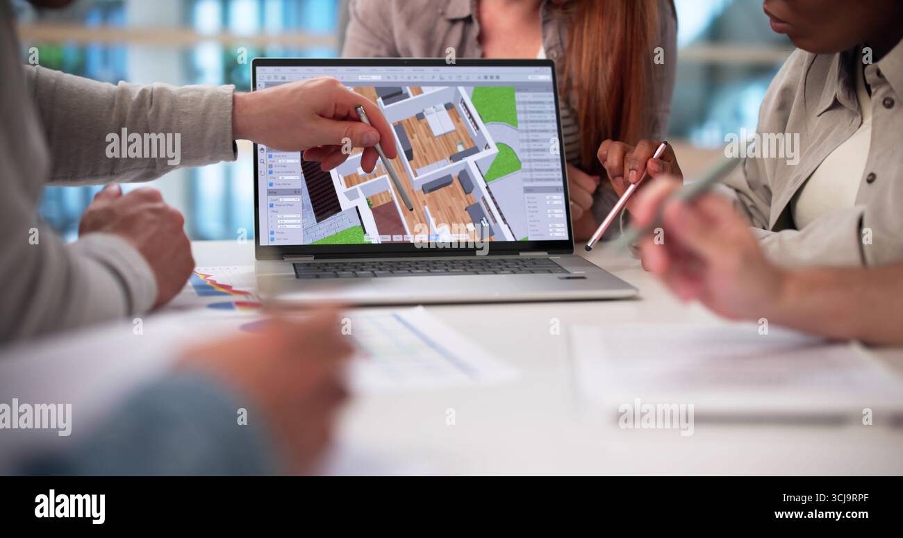 Professional Team Using CAD Software For Real Estate Property Remodel Stock Photo