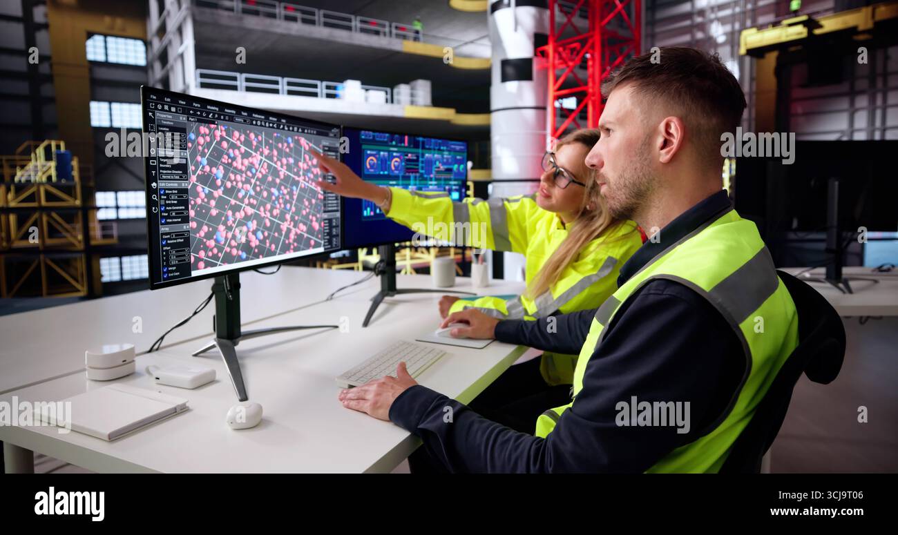 Industrial Engineer Overseeing SCADA Panel On Desktop Computer At Center. Stock Photo