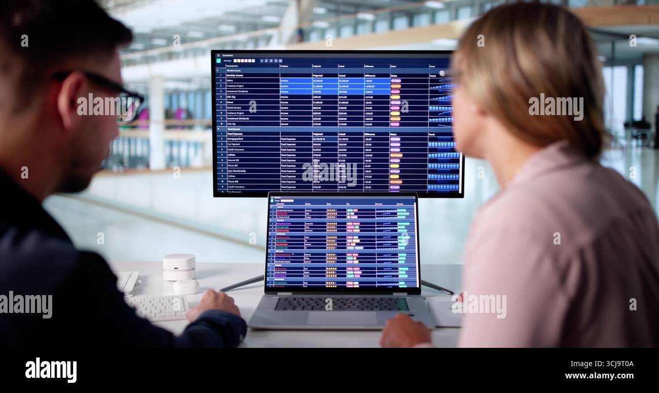 Professional Couple Analyzing Financial Data For Business Audit Using Computer. Stock Photo