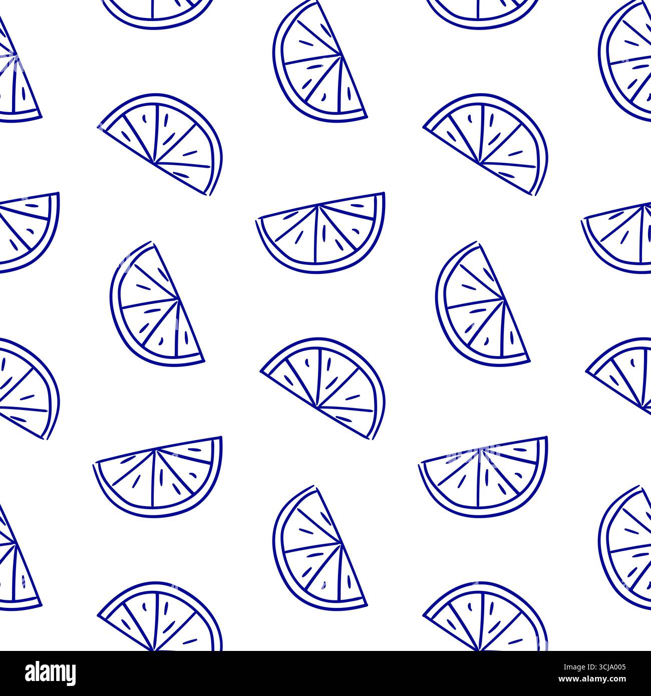 Bright lemon slices are illustrated in a repeating pattern, featuring blue outlines against a clean white background. This design is suitable for vari Stock Vector