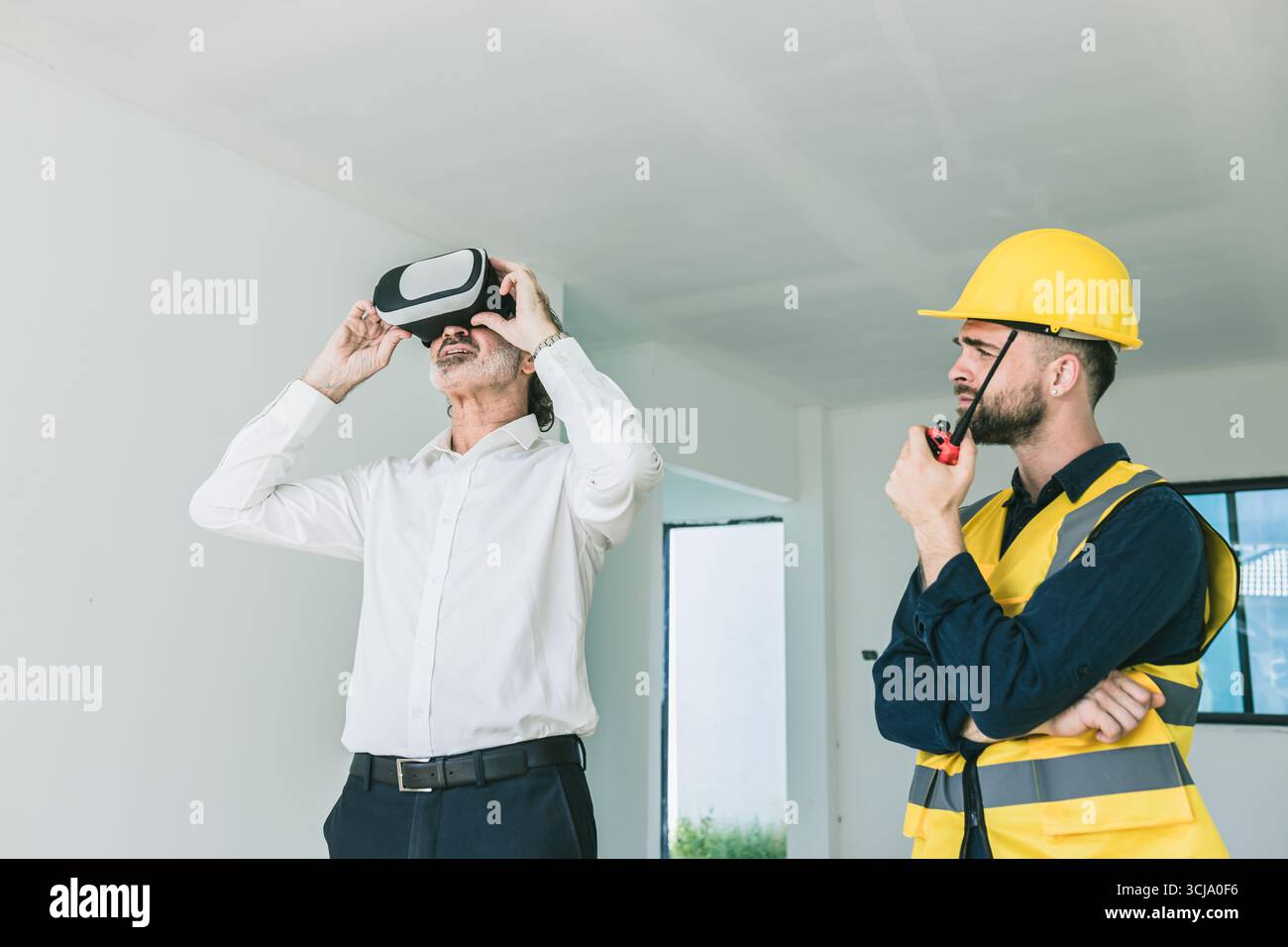 Construction project manager using VR visual modern technology device ...