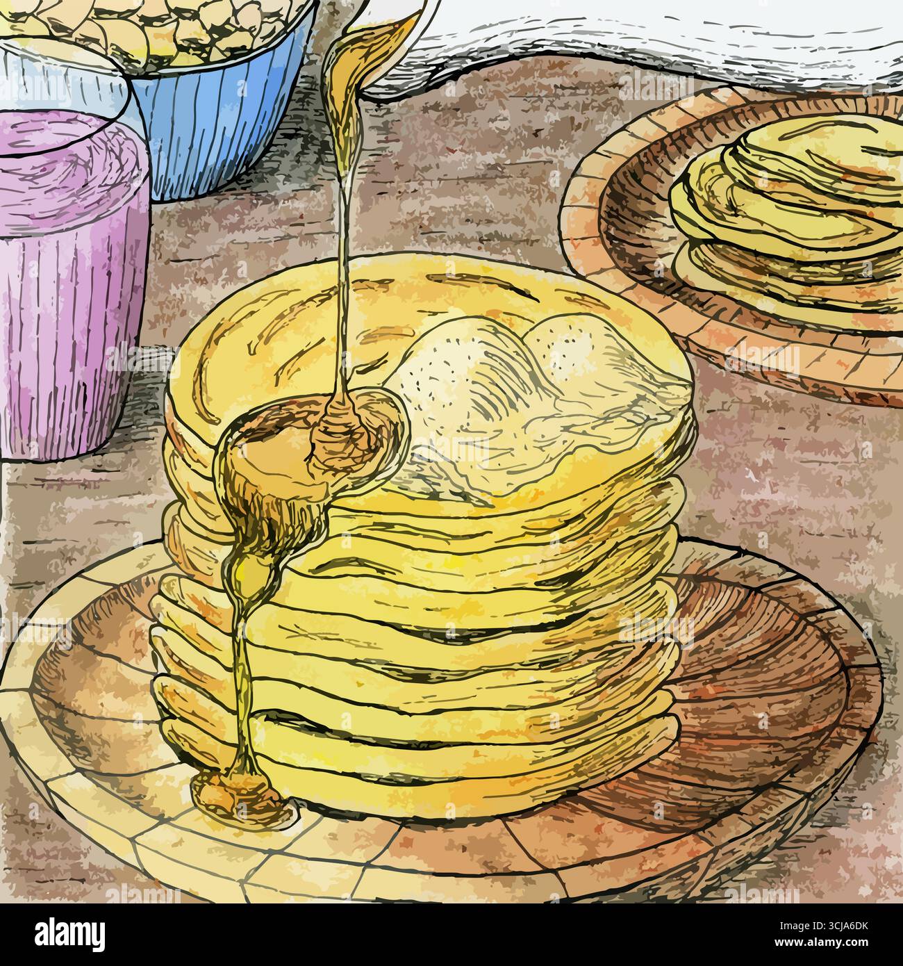 Vector Illustration of Pancakes Stack with Syrup Pour Stock Vector ...