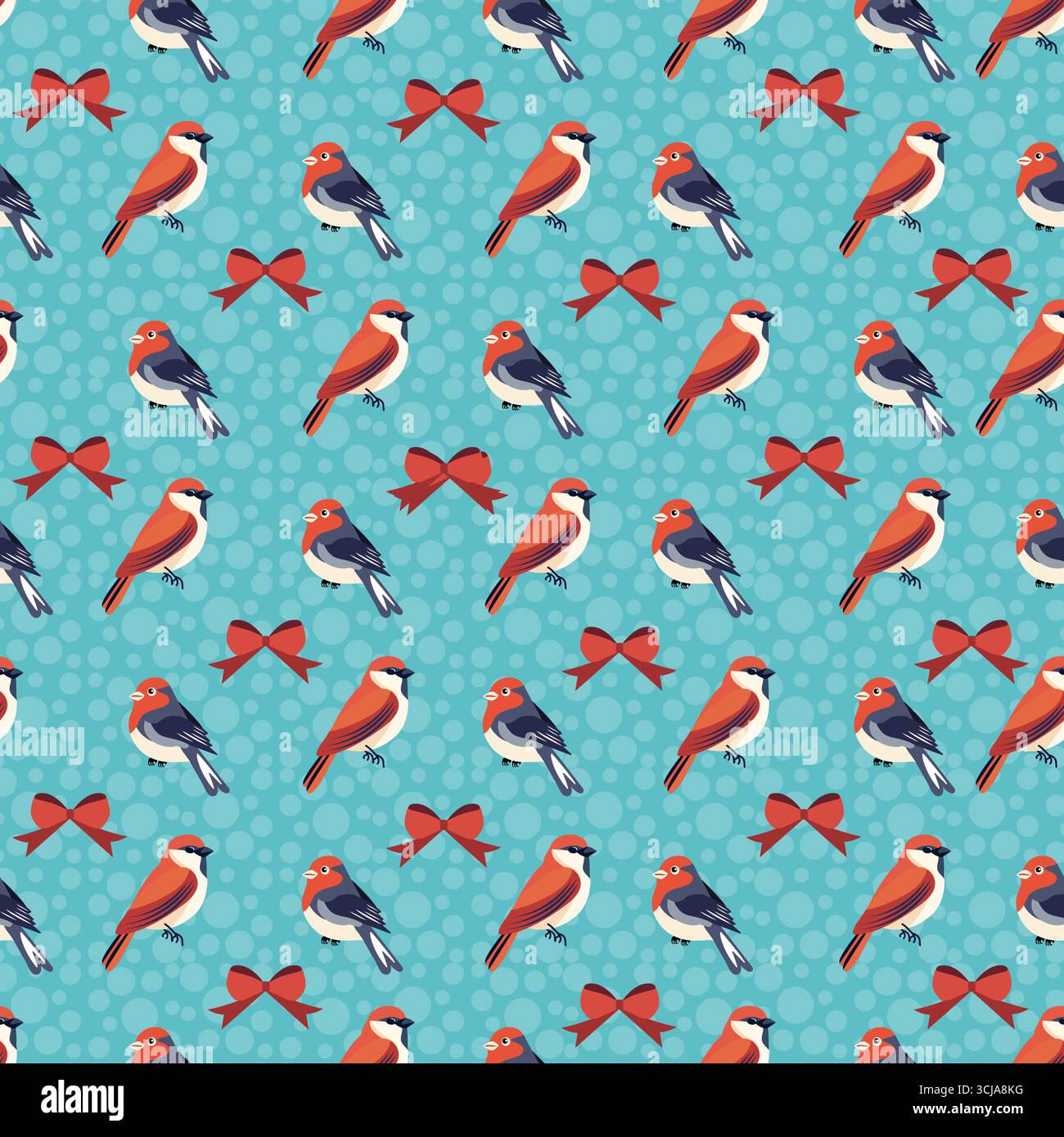 Seamless pattern featuring stylized birds and red bows on a blue polka dot background vector Stock Vector