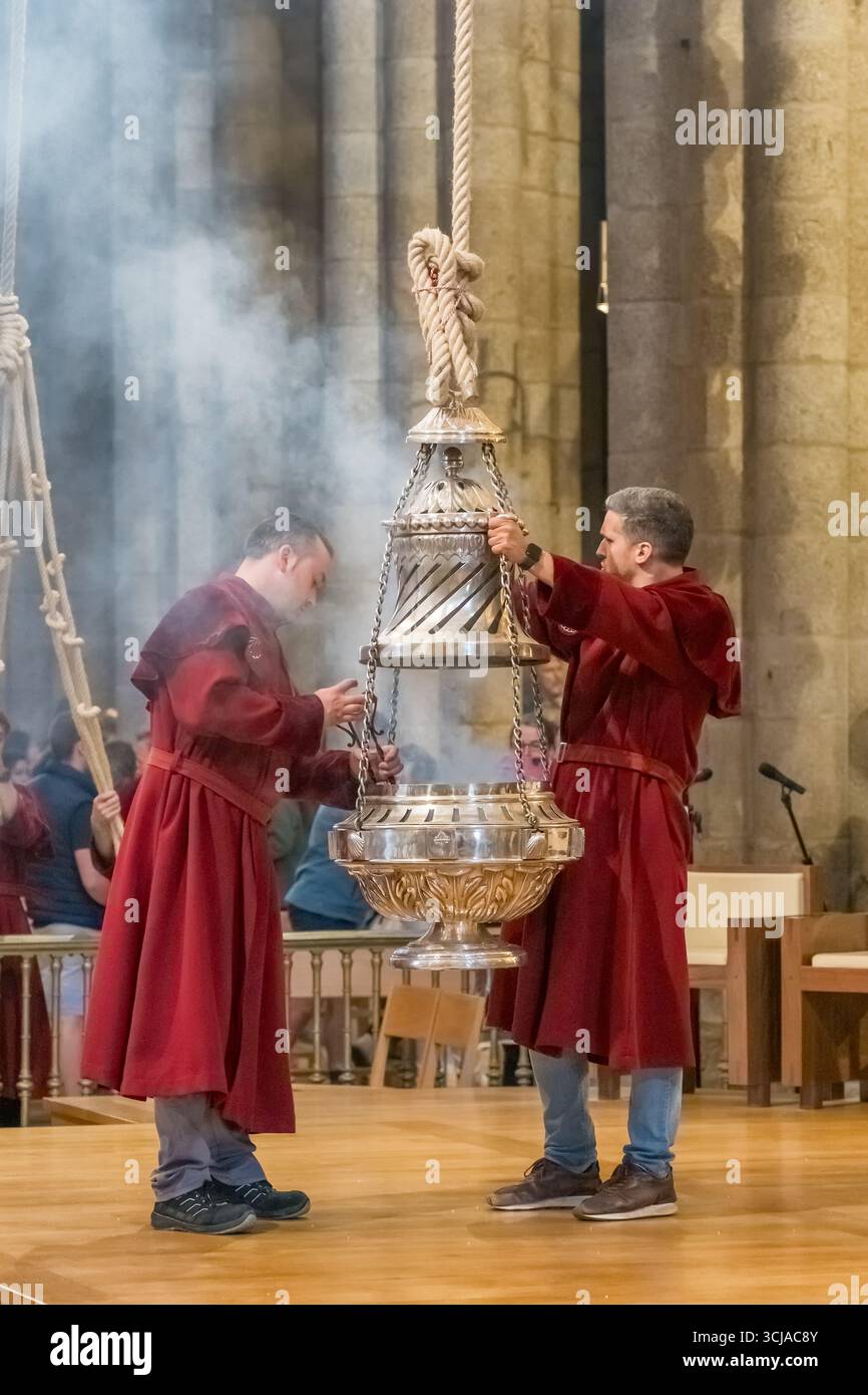 Botafumeiro swing tradition inside Santiago Cathedral, Galicia, Spain Stock Photo