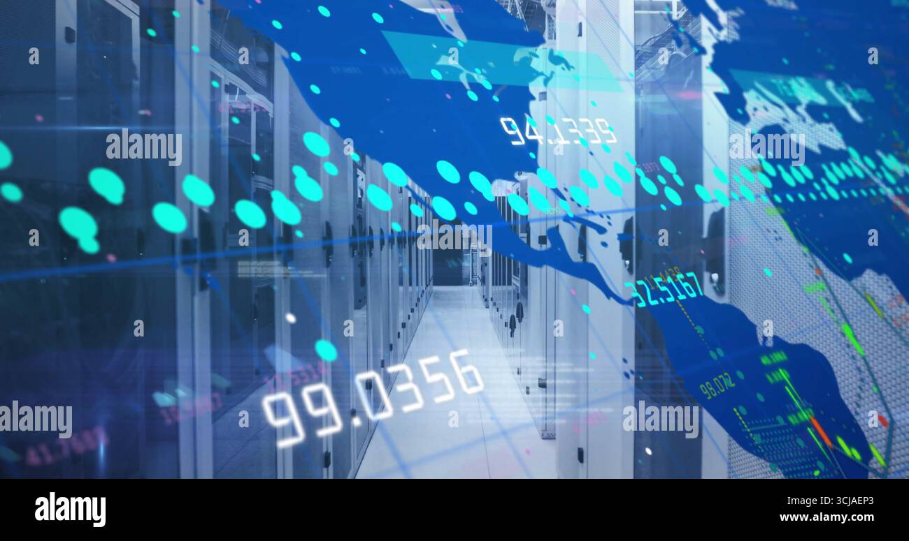 Showcasing server cabinets lining datacenter aisle with LED lights, world map data points and stats Stock Photo