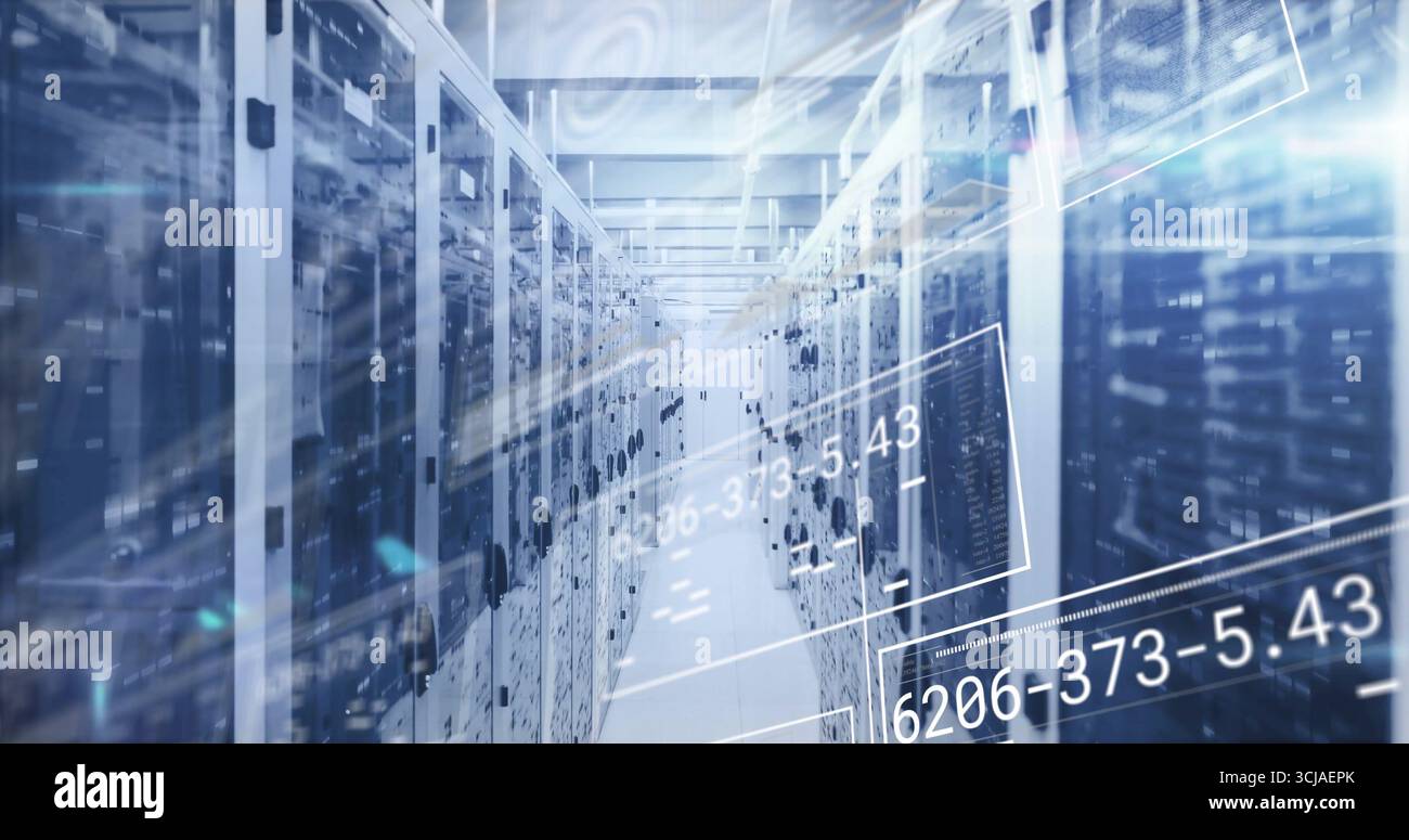Displaying server cabinets hosting rack servers in data center, with digital overlays Stock Photo