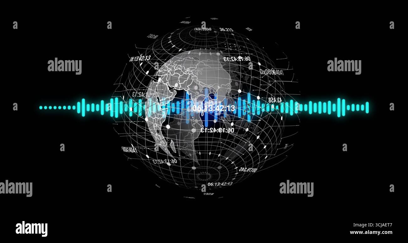 Displaying 3D wireframe globe with grid lines and numeric labels on dashboard, with audio waveform Stock Photo