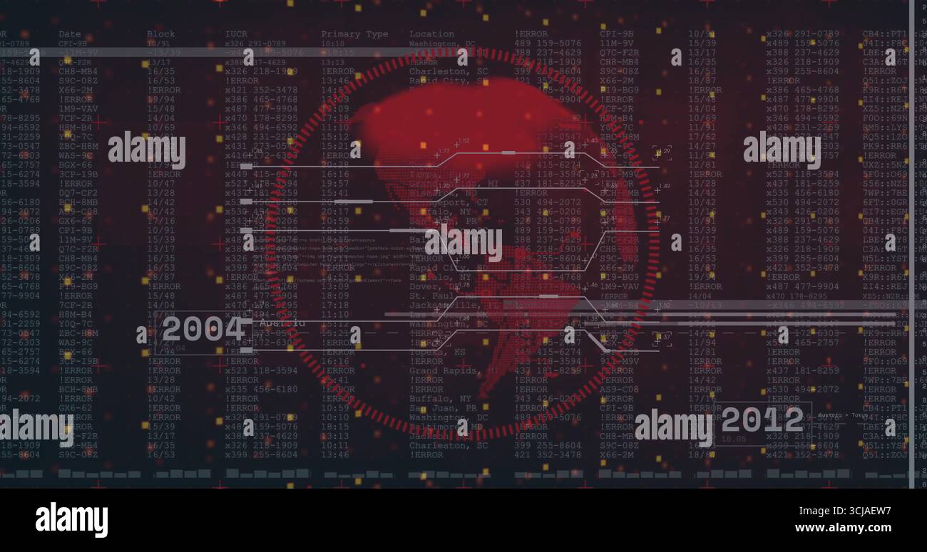 Displaying stylized red globe streaming data over code dashboard, with timeline markers 2004 2012 Stock Photo