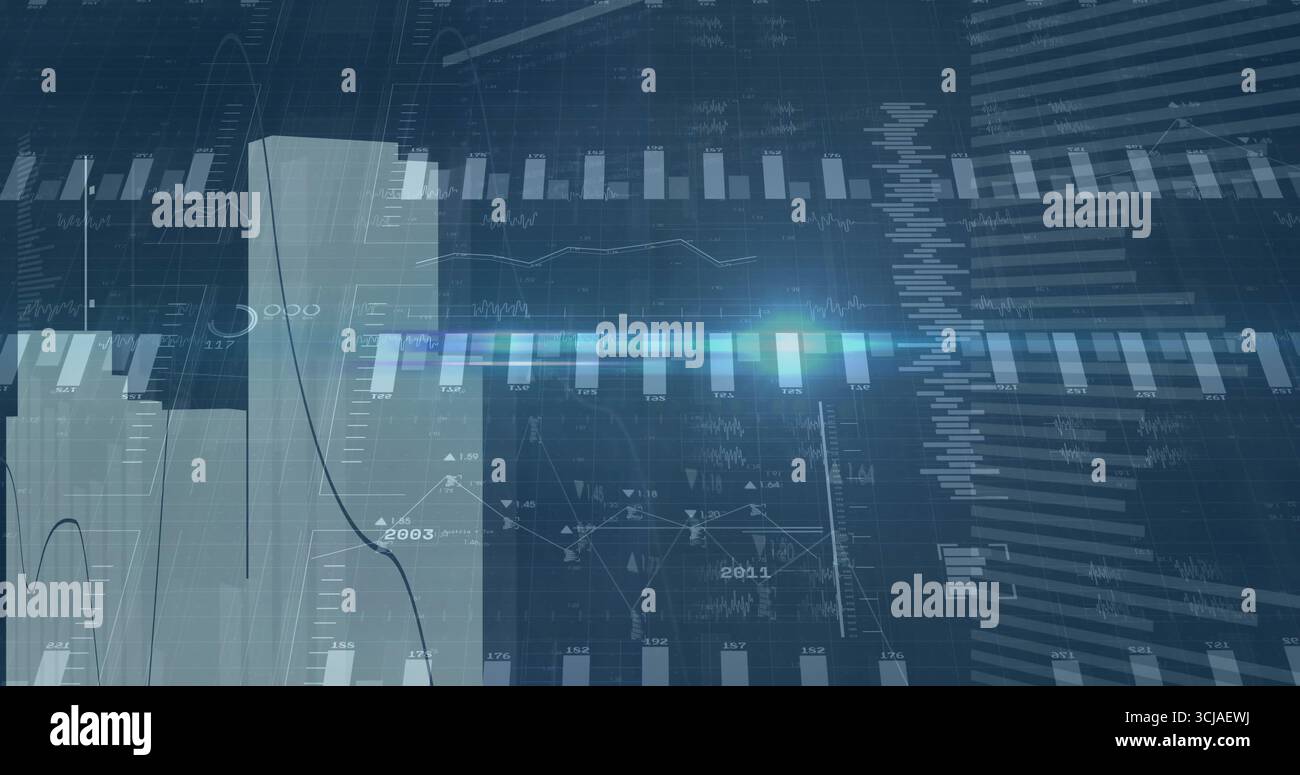 Displaying horizontal gradient bar, translucent columns and line graph curves on deep blue screen Stock Photo