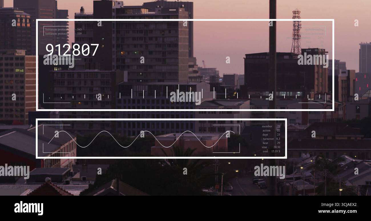Showing interface overlay displaying numeric readout with waveform graph over urban skyline sunset Stock Photo