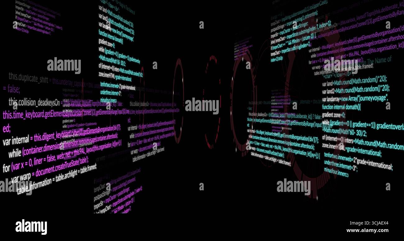 Displaying installation projecting JavaScript code across dark room walls, with circular code rings Stock Photo