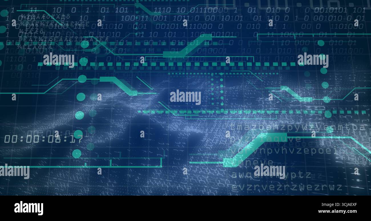 Displaying panel scrolling binary and hex code on teal circuit grid with floating nodes, timecode Stock Photo