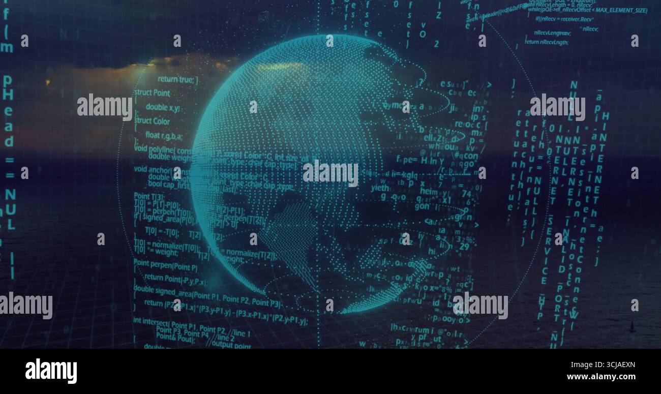 Glowing dotted Earth globe hovering in virtual digital space, with grid plane floating code streams Stock Photo