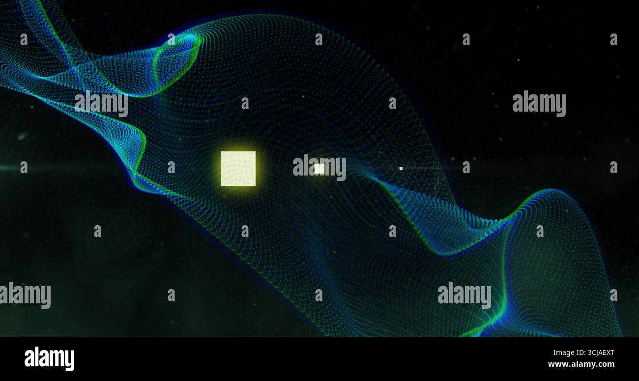 Flowing luminous data wave forming green mesh across digital void, with three glowing square pixels Stock Photo