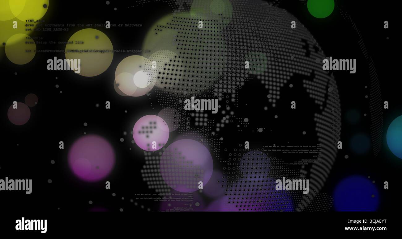 Rotating dotted globe revolving in digital space, with colored orbs and code snippets, copy space Stock Photo