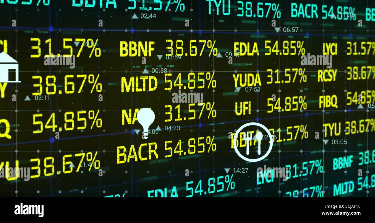 Displaying ticker showing values over grid on trading floor with triangular data markers and icons Stock Photo