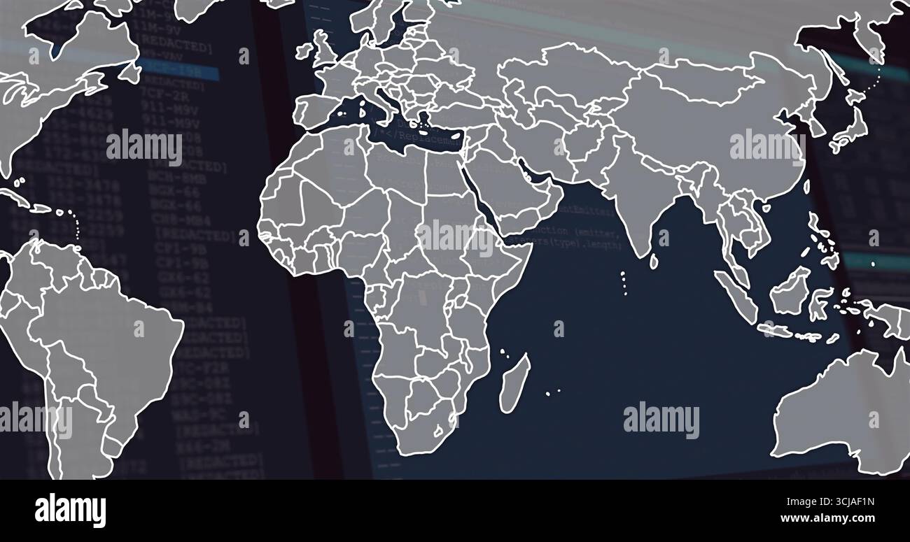 Displaying outlined world map over blurred code lines on cybersecurity UI, with redacted markers Stock Photo