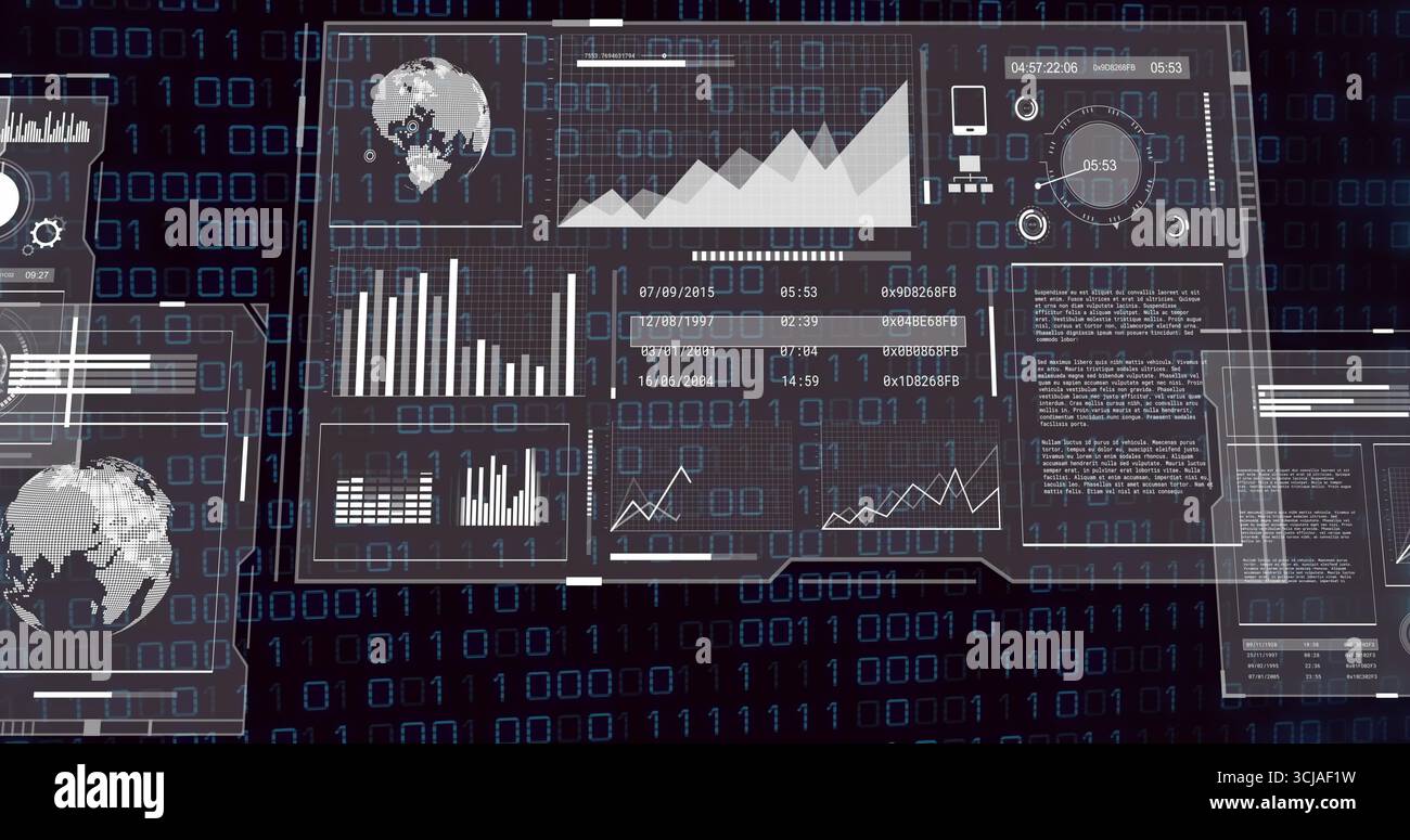 Translucent panels floating in console with bar and line charts, gauge, code on binary background Stock Photo
