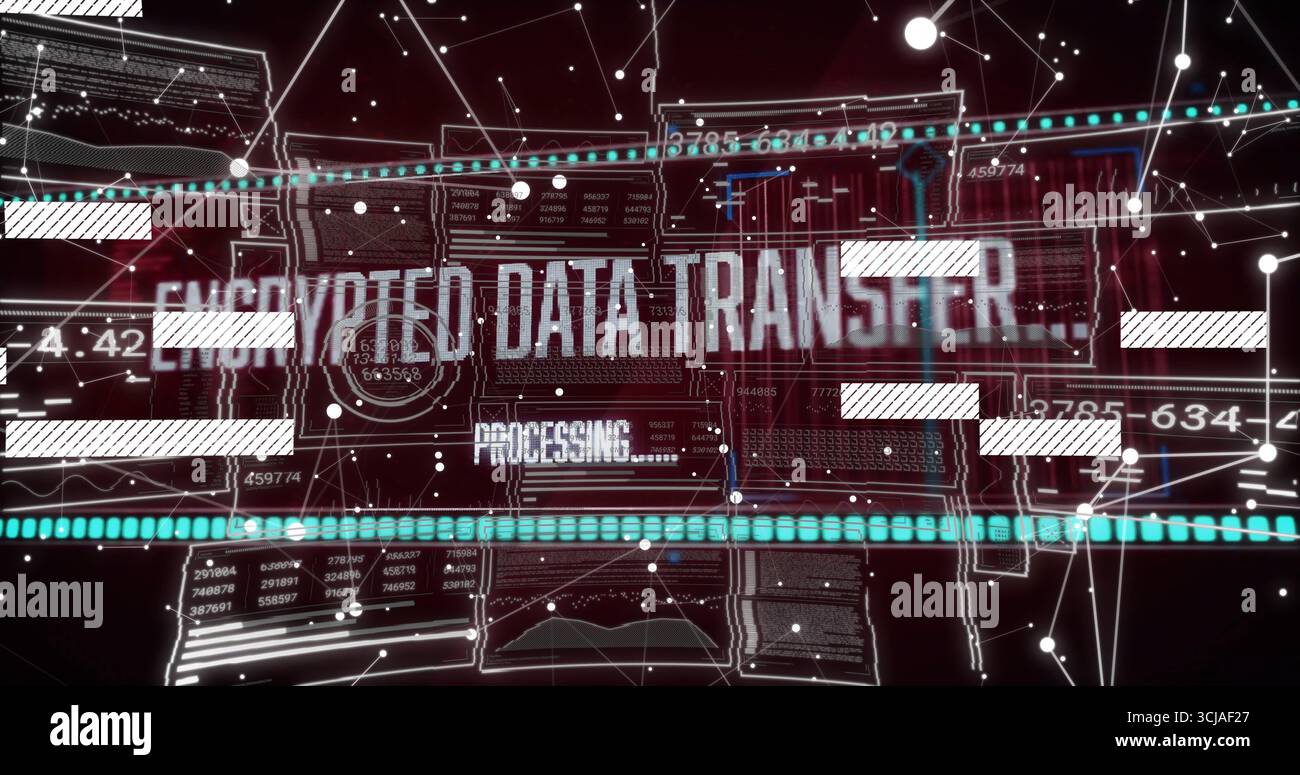 Showing encrypted data transfer text and processing label on network schematic, with code panels Stock Photo