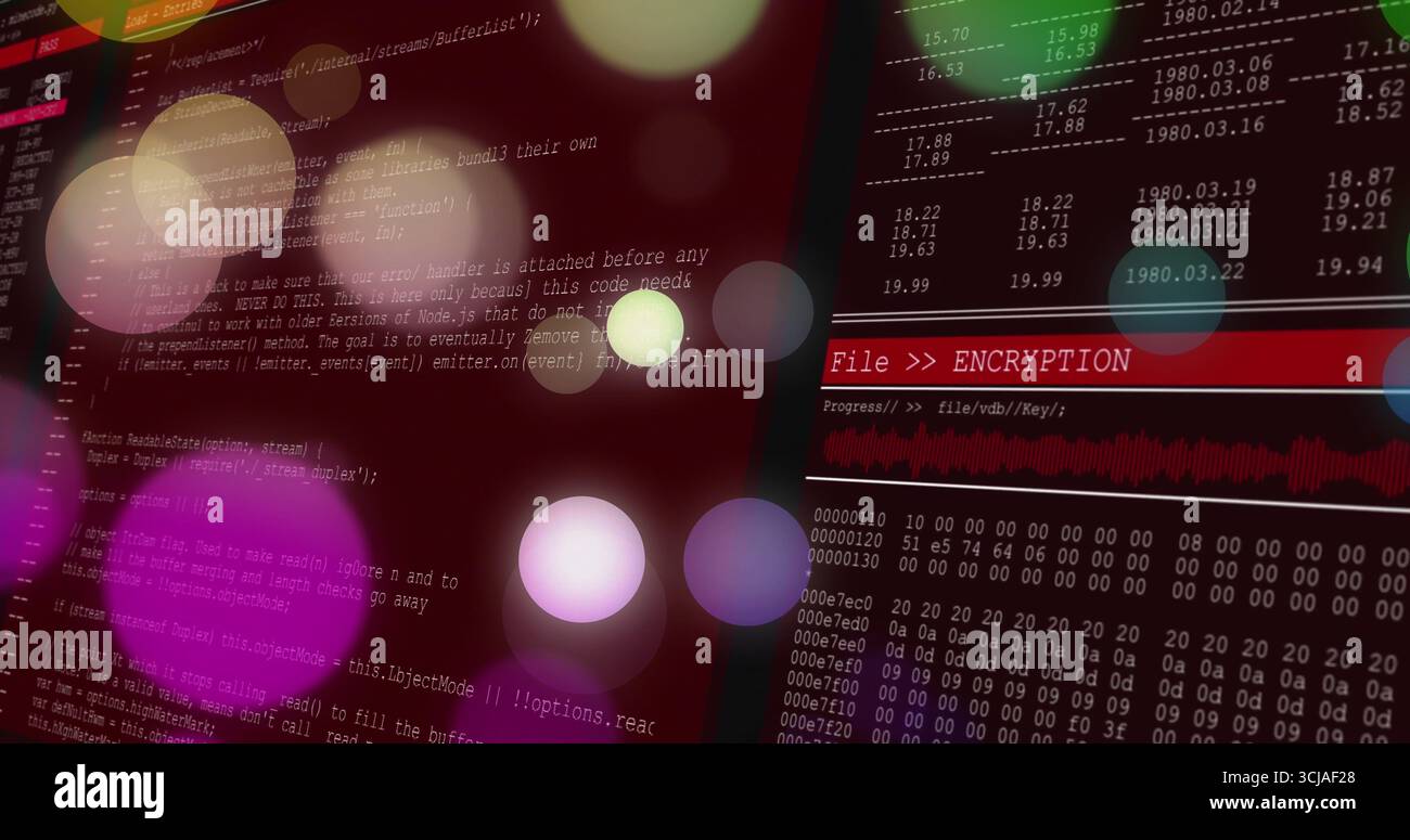 Encryption panel running at IT workstation, with progress bar and hexadecimal dump, copy space Stock Photo