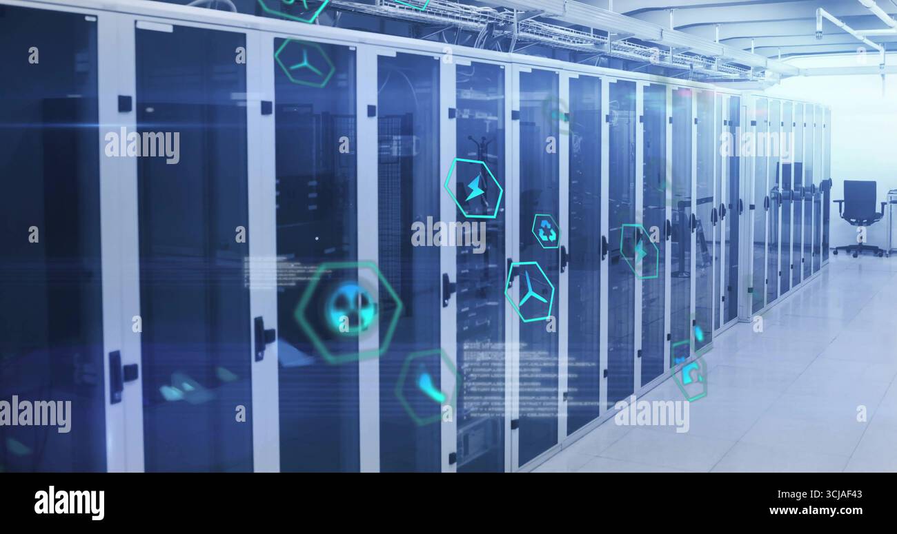 Displaying row of glass-front racks in data center corridor, with neon ...