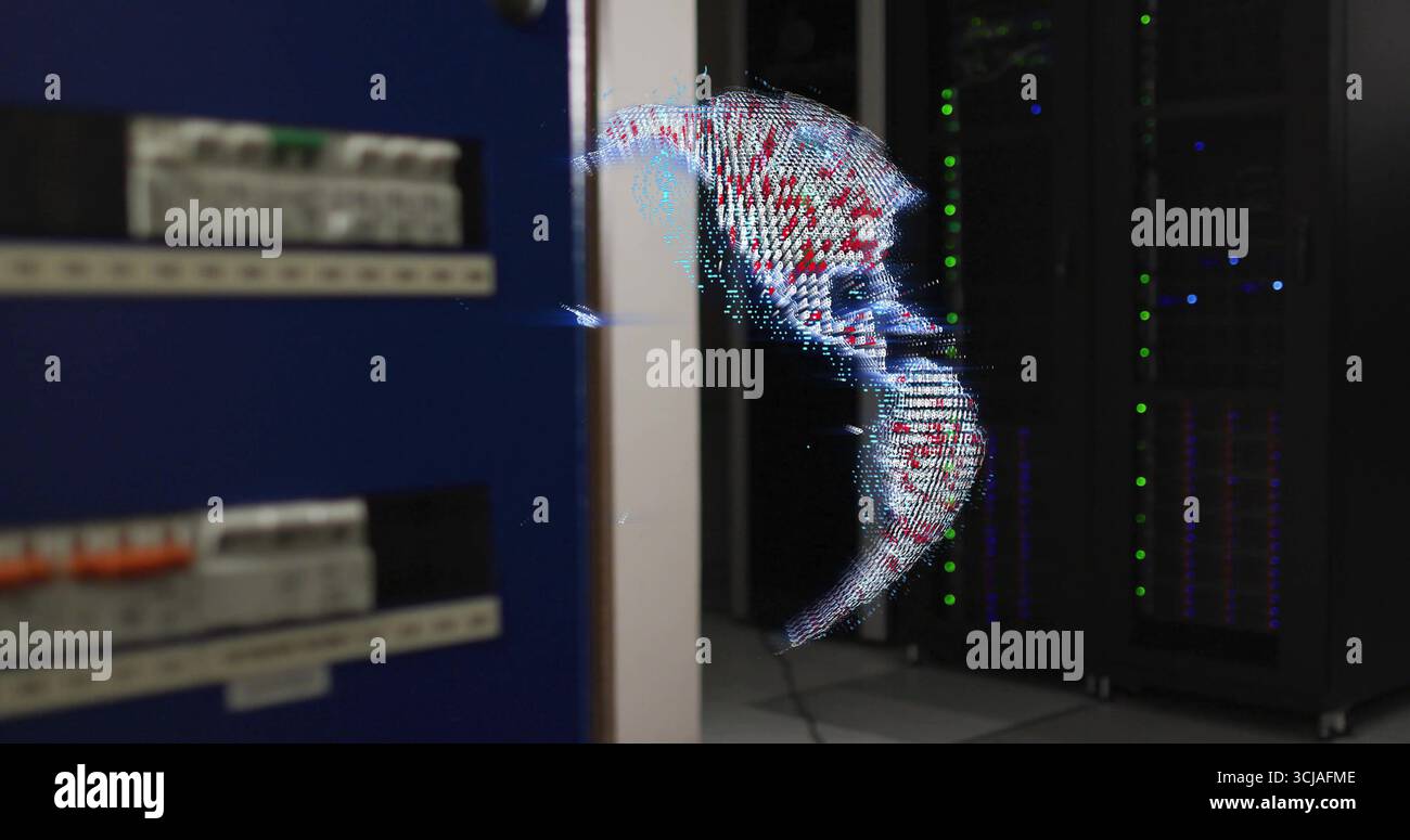 Floating Server Displaying holographic digital globe floating in server room, with ...