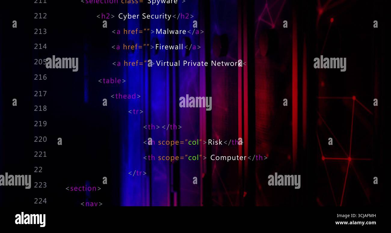 Displaying HTML code overlay in editor window on computer screen with security theme, copy space Stock Photo