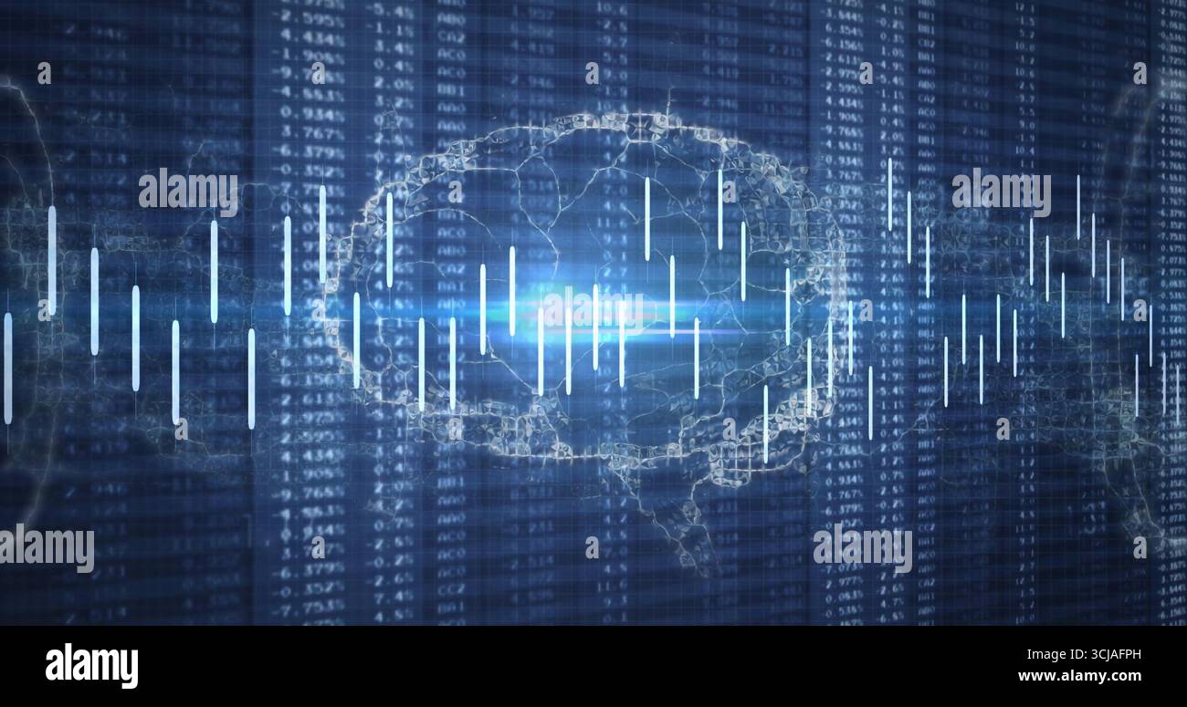 Displaying transparent wireframe brain model glowing in data grid, with code columns and light bars Stock Photo