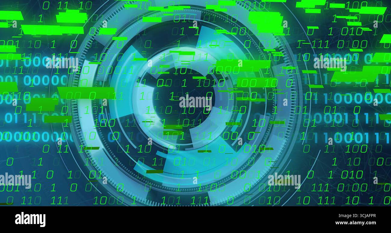 Displaying central circular scanning interface on network dashboard, with green binary digits Stock Photo