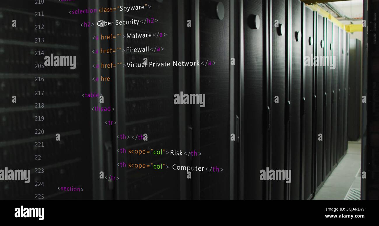 Displaying tall black server cabinets lining data center corridor, with floating HTML code overlay Stock Photo