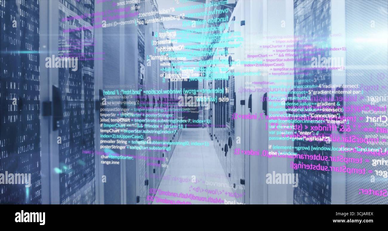 Illuminating data center corridor extending between server racks, showing holographic code streams Stock Photo