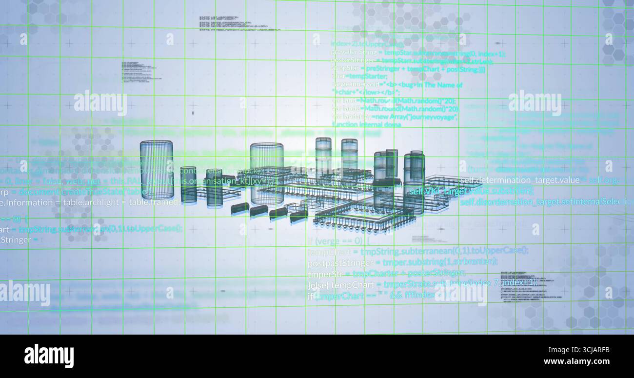 Displaying wireframe 3D model in schematic viewer, featuring overlaid code and hexagon pattern Stock Photo