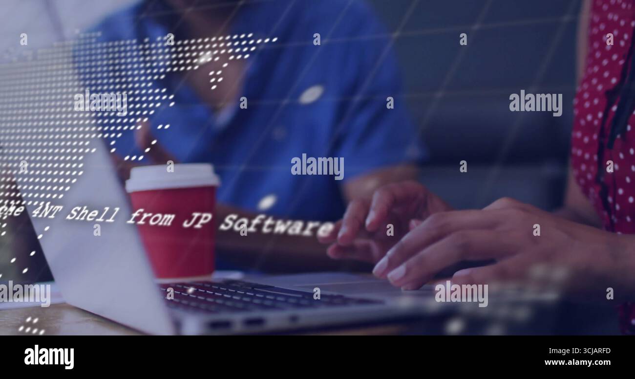 Collaborating software developers coding in office lounge, with laptop coffee cup and code overlay Stock Photo